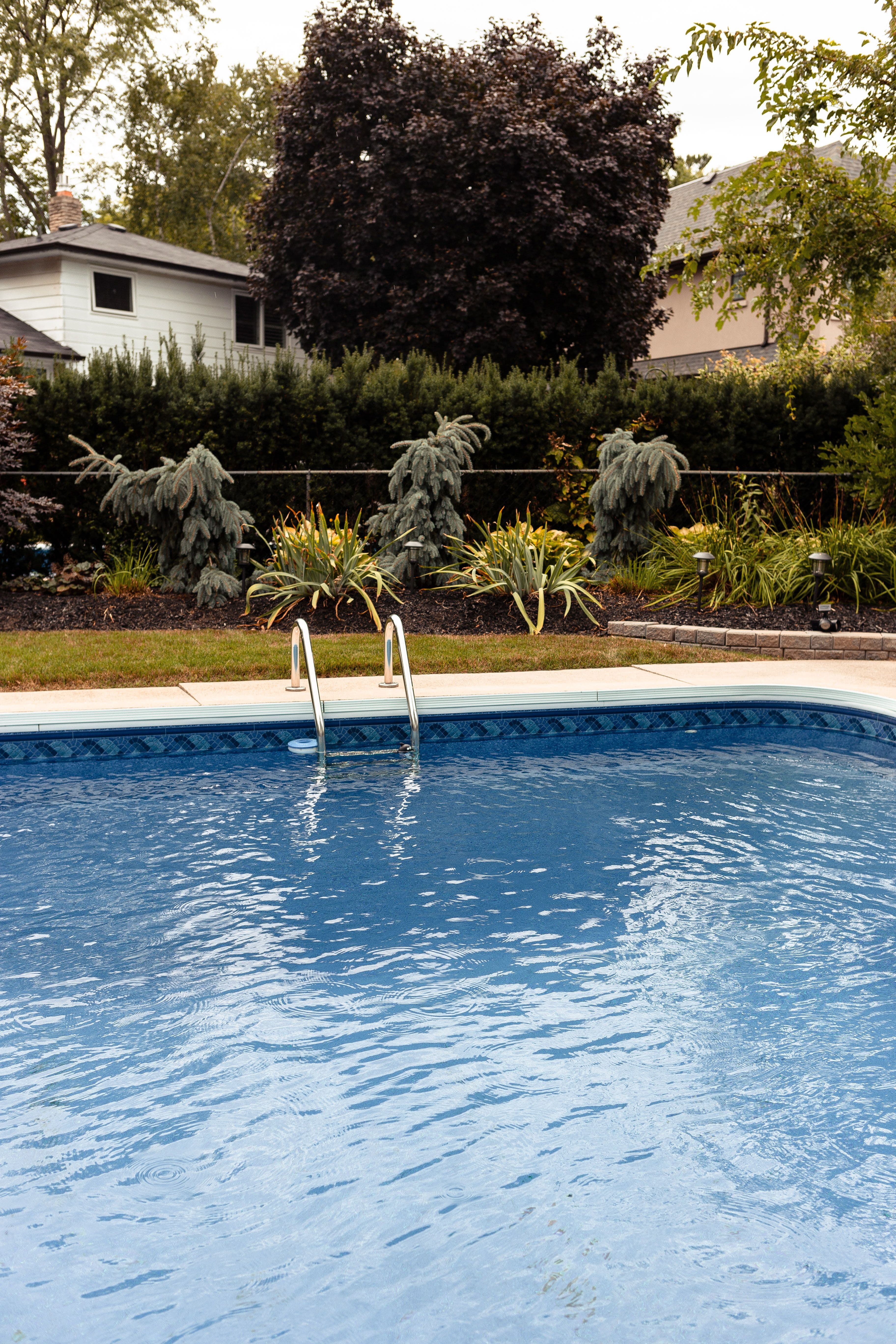 Clear blue backyard swimming pool surrounded by greenery, similar to homes in Osprey, FL